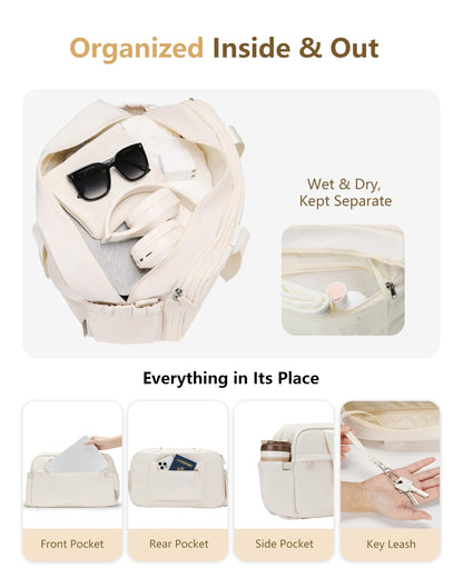 Expandable Duffle Bag for Travel, Carry On Luggage & Gym Bag for Women & Men, Small Personal Item Travel Bag, Overnight Weekender & Tote for Airplane Essentials (Beige)