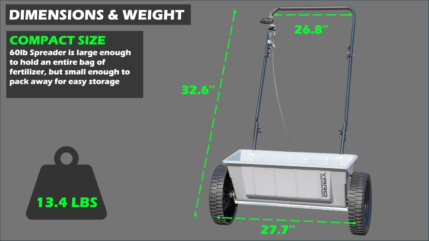 Yard Commander - 60 LB Walk-Behind Push Drop Spreader - Holds Up to 15,000 SQFT of Product - Great for Applying Fertilizer & Grass Seed - Adjustable Drop Rate & Composite Hopper