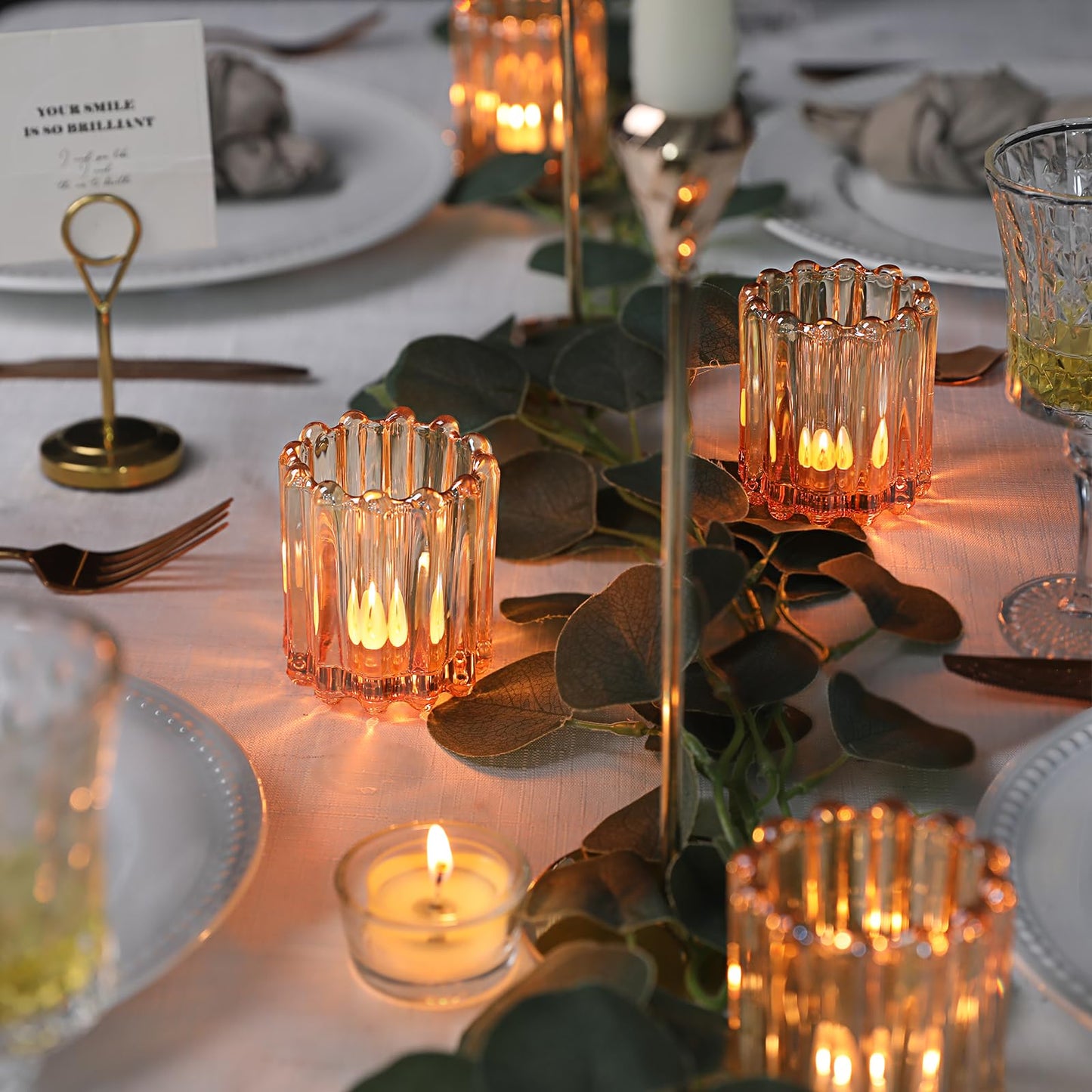 HAVITI Glass Gold Votive Candle Holder, Ribbed Votive Candle Holders Set of 12, Tealight Candle Holder for Wedding Centerpieces Dinner Party Table Decor