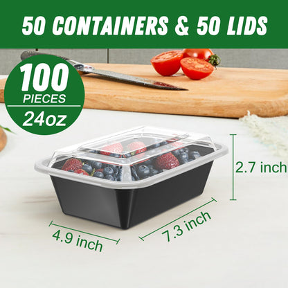 Dealusy 50 Pack (100-Piece) 24 oz Meal Prep Containers Reusable with Lids, Sturdy Leakproof & Food Safe, Microwave, Freezer, Dishwasher Safe Prep Containers, To Go Take Out Plastic Food Storage
