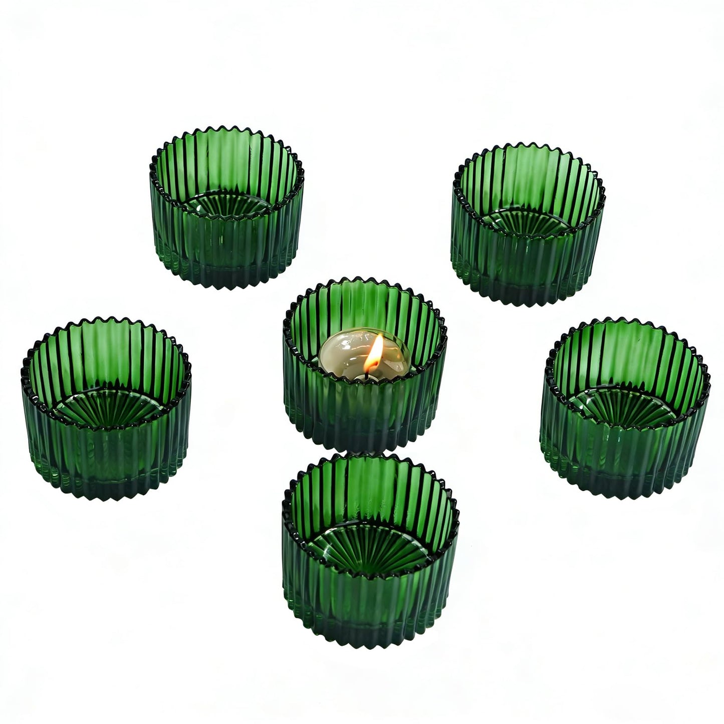 Jollyhilan 6 Pack Glass Candle Holder,Round Glass Candle Tray Ribbed Tealight Holders for Votives, Floating Candles Table Centerpieces Wedding Home Decor,Green
