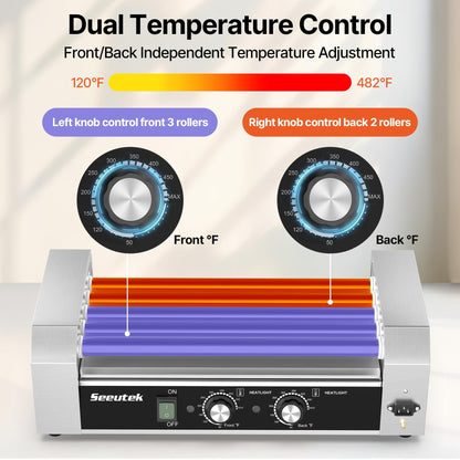 Seeutek Hot Dog Roller 5 Rollers 18 Hot Dogs Capacity 1100W Stainless Hot Dog Toaster, Hot Dog Machine W/Dual Temperature Control Glass Hood Acrylic Cover Warmer Shelf Removable Oil Drip Tray