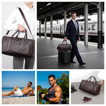 RichMoro Leather Braided Pattern Travel Duffel Bag, Weekender Overnight Bag Waterproof Leather Carry On Travel Bag ，with Shoulder Straps Tote Duffel Bag, Brown, Travel Duffel (Brown)