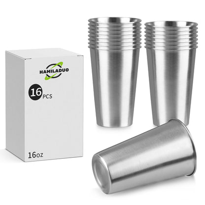 HAMILADUO 16Pack 16 oz Stainless Steel Pint Cups,Stainless Steel Cup,Pint Cup Tumbler，water Tumbler,Stackable,Reusable,BPA Free, (16)
