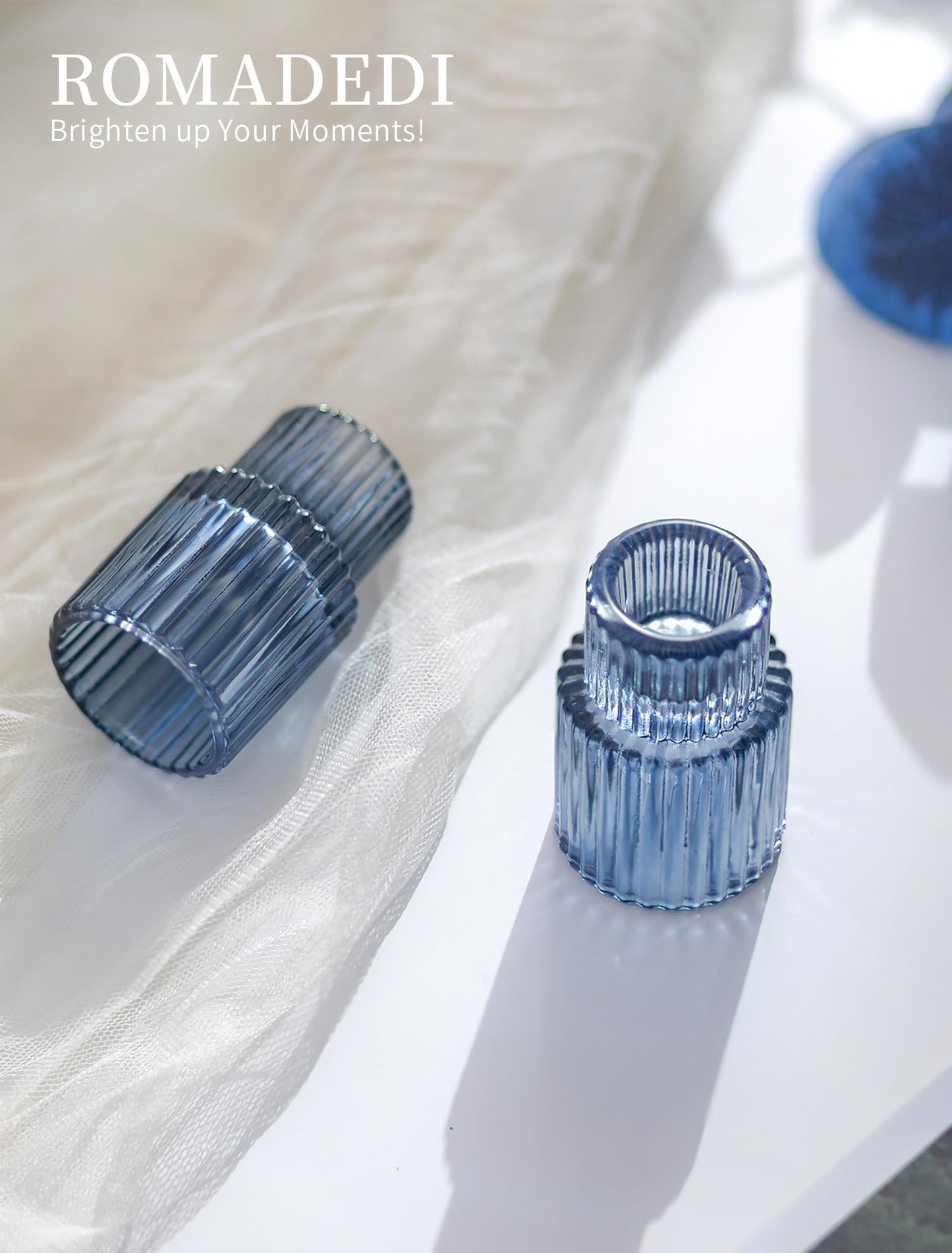 Romadedi Glass Candle Holders for Candlestick - 10 Pcs Blue Tapered Candle Sticks Holder Decor Bulk for Wedding Table Centerpiece Ribbed Taper Holder for Birthday Party Bridal Showers