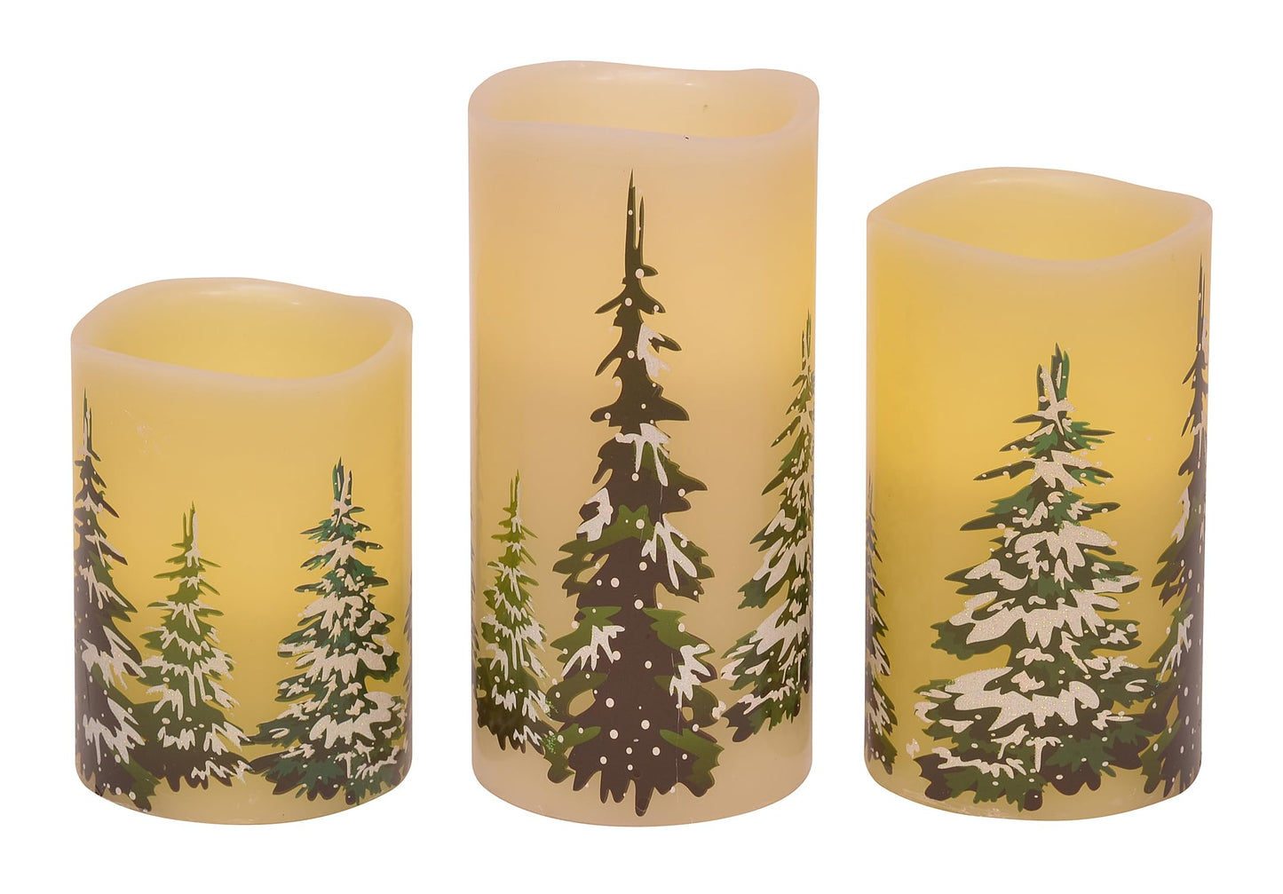 Mark Feldstein & Associates Snowy Winter Pine Forest Wax Flameless Holiday Pillar Candles, Set of 3, 6 Inch