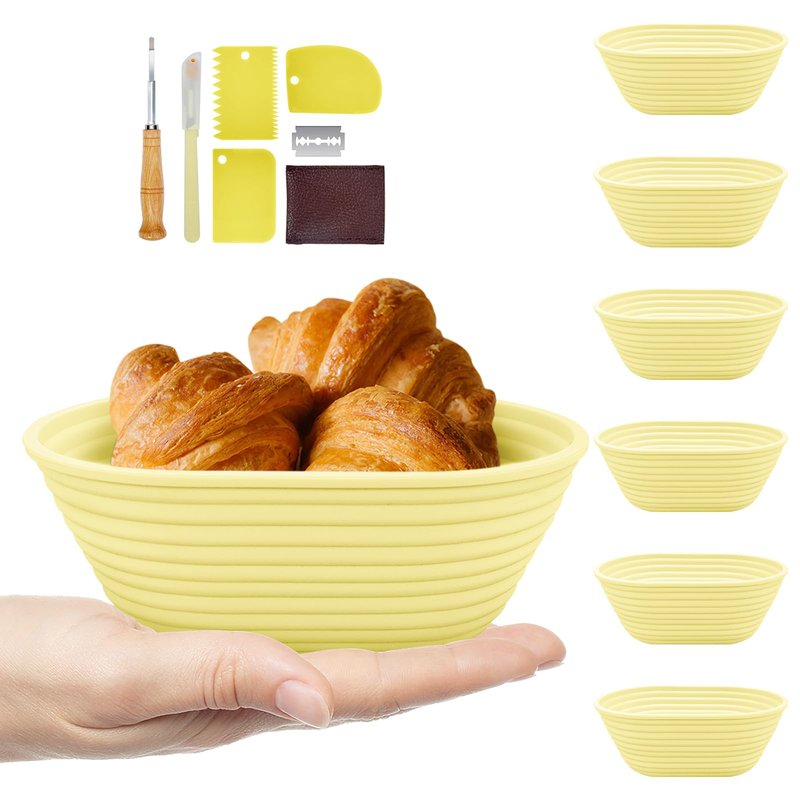 Silicone Banneton, Sourdough Bread Baskets (Set of 6, 6.5 Inch), Oval Proofing Bread Bowls with Starter Kit, Bread Making Baking Supplies