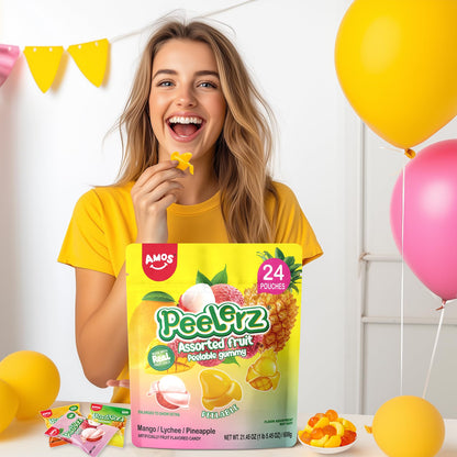 Amos Peelerz Assorted Peelable Gummy – Tropical Peeling Candy Variety Pack | Mango, Lychee & Pineapple | 24 Individual Packs (608g) | Fun, Chewy & Shareable Treat