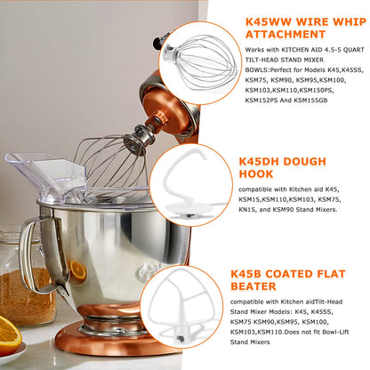 3 Pack Mixer Attachments for Kitchen Aid 4.5-5 Quart Tilt-Head Stand Mixers, Heavy-Duty Metal,Includes K45DH Dough Hook, K45B Flat Beater,K45WW Wire Whip, Dishwasher Safe Replacement Kit by TOMOON