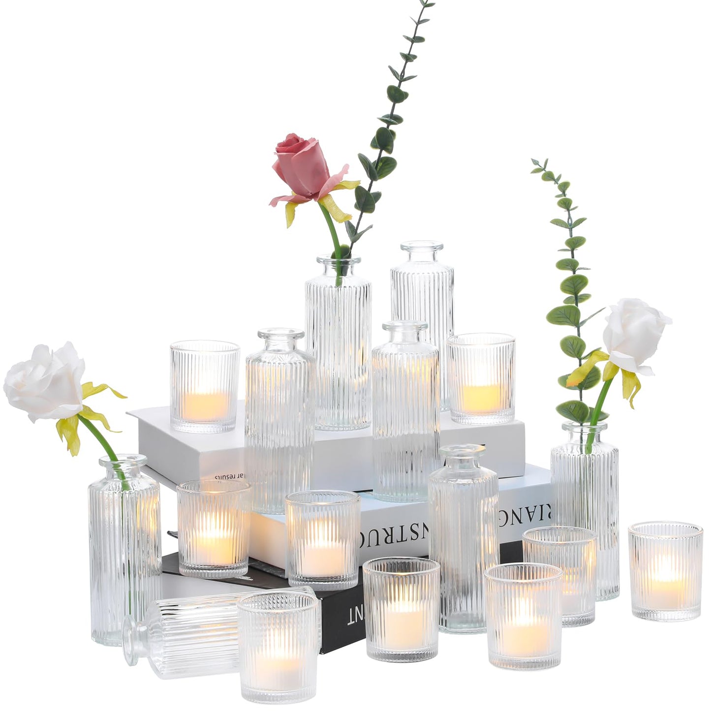 Yerliker 12 Glass Bud Vases Set Bulk Clear Ribbed Vases and 12 Clear Glass Tea Light Candle Holders Suitable for Table Centerpieces, Parties, Home Decor, Wedding Table Centerpiece, Home Decor
