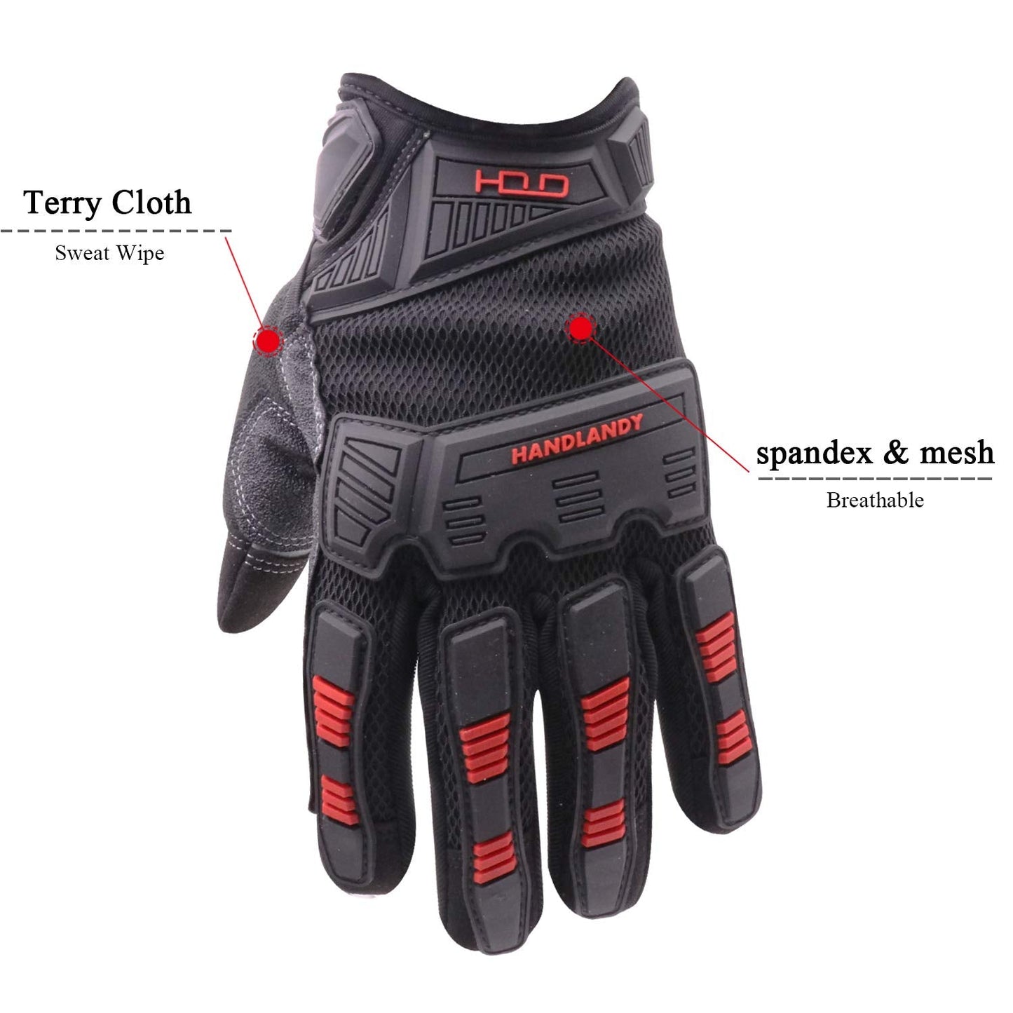 HANDLANDY Mens Work Gloves Touch screen, Utility Mechanic Gloves, Flexible Breathable Fit- Padded Knuckles & Palm (Black & Red, Large)