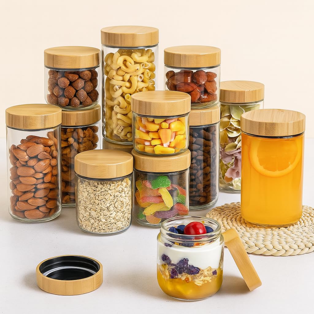 TBWIND 4 Pack 16oz Glass Jars with Bamboo Lids, Spoons, Airtight Overnight Oats Containers, Wide Mouth Mason Jars, Food Storage Container for Yogurt Salad Snacks Spice Sugar Meal Prep – Reusable