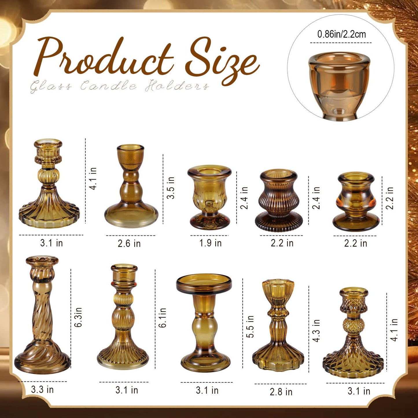 Mumufy 10 Pcs Glass Crystal Taper Candle Holders Clear Glass Candlestick Holder Fit 0.8 Inch Candles Crystal Decorative Candle Stand Centerpiece Table Wedding Dining Party (Classic,Brown)