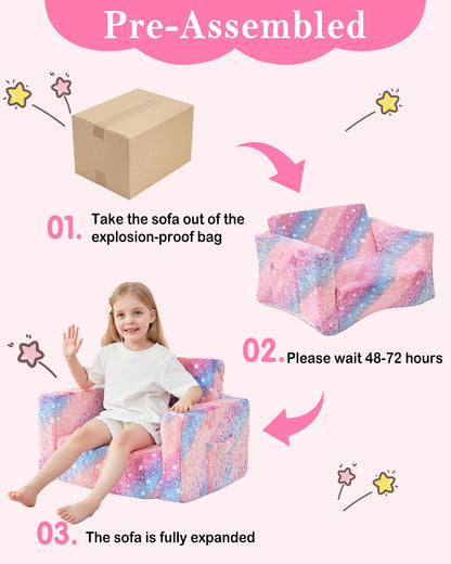 lasoftan Toddler Couch, 2-in-1 Soft Kids Couch Bed Fold Out, Toddler Chairs Comfy for Boys & Girls, Convertible Kids Sofa to Lounge for Playroom, Gift for Birthday, Children's Day- Glow Star
