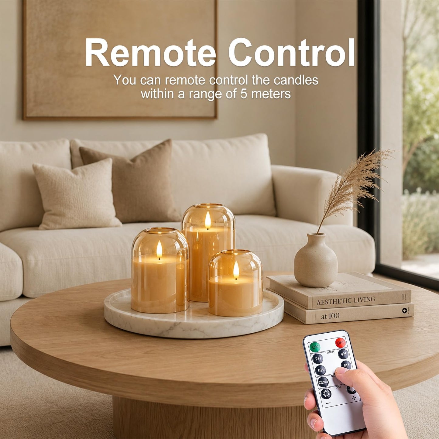 ARIKJ Amber Glass Flameless Candles with Remote, 3-Pack LED Pillar Candles for Classy Fall Decor, Modern Aesthetic Room, Thanksgiving Centerpiece, Boho Shelf, Mantel & Coffee Table