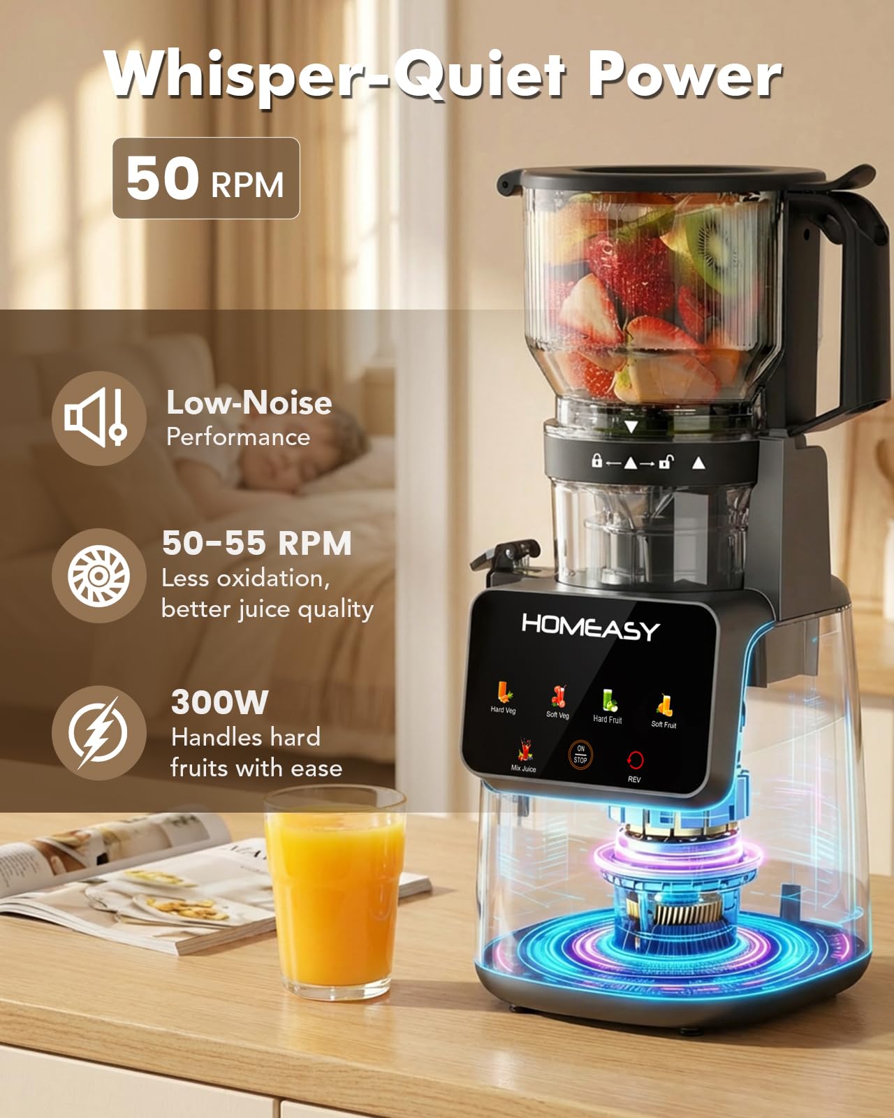 HOMEASY Cold Press Juicer Machines, 5.8'' Large Feed Chute for Whole Fruits and Vegetables, 300W Slow Masticating Juicer, High Juice Yield, 5 Smart Modes, Easy to Clean