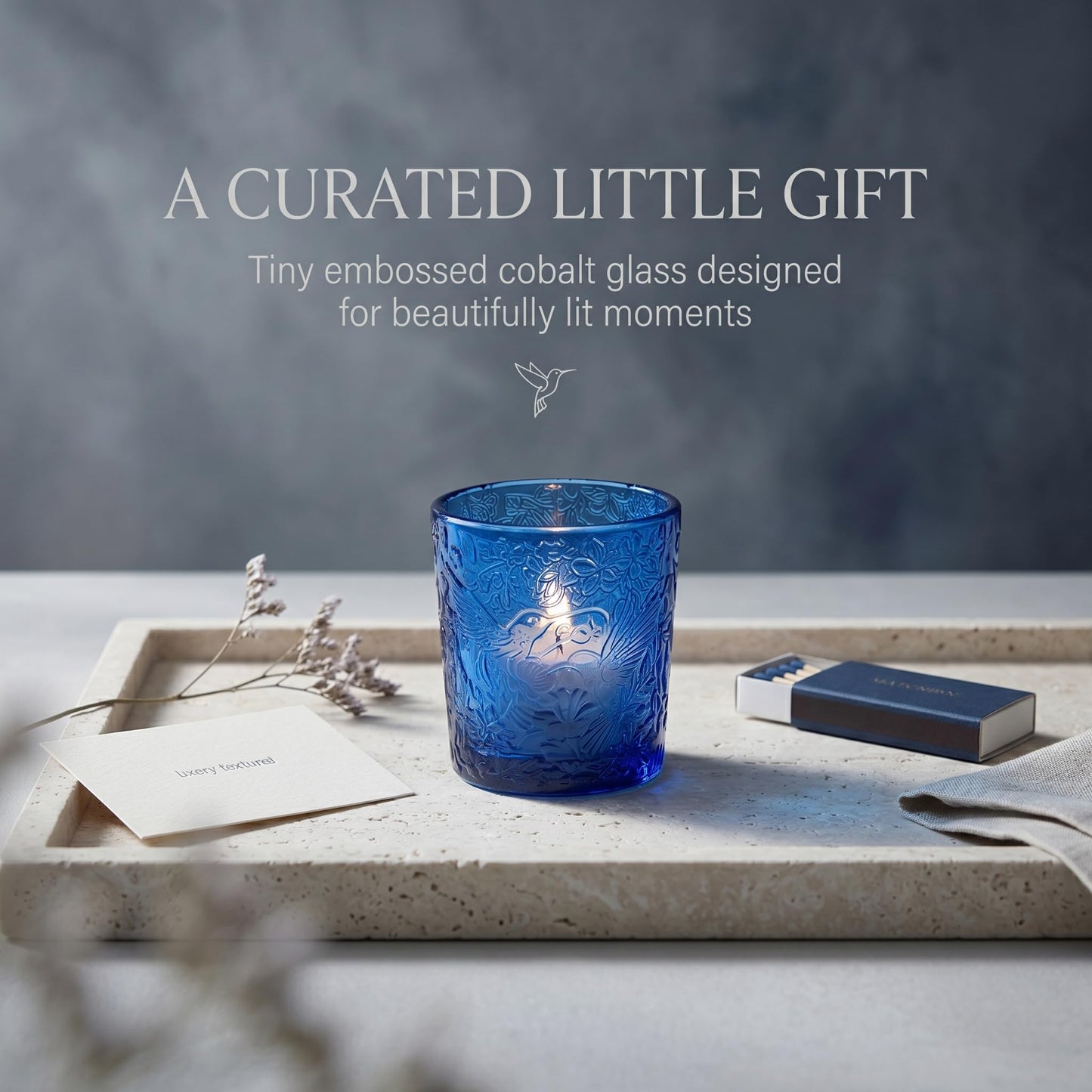 12 Pack Hummingbird Embossed Glass Candle Holders – Votive Tealight Holders with Patent Design, Decorative Embossed Glass Cups for Wedding Centerpieces, Parties, and Home Décor (Ocean Blue)