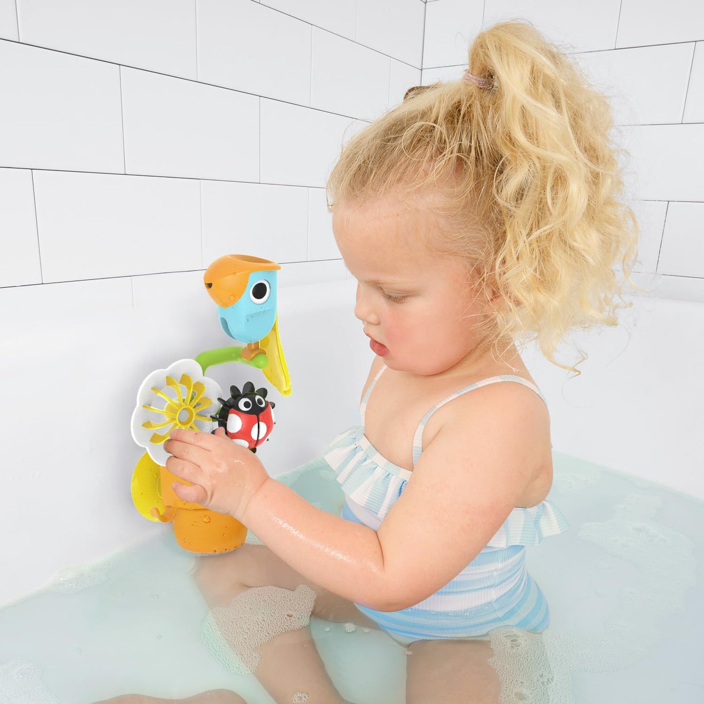 Yookidoo Watering Can Baby Bath Toy (Ages 1-3) Spinning Lady Bug & Tipping Bird Toy with 3 Moving Pieces (Mold Free) - Attaches to Tub Wall for Easy Toy Holder and Storage - for Toddler Bath Time