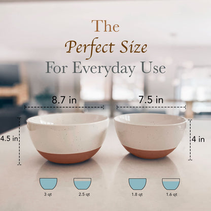 Mora Ceramic Large Mixing Bowls - Set of 2 Nesting Bowls for Cooking, Serving, Popcorn, Salad etc - Microwavable Kitchen Stoneware, Oven, Microwave and Dishwasher Safe - Extra Big 2.5 & 1.6 Qt - White