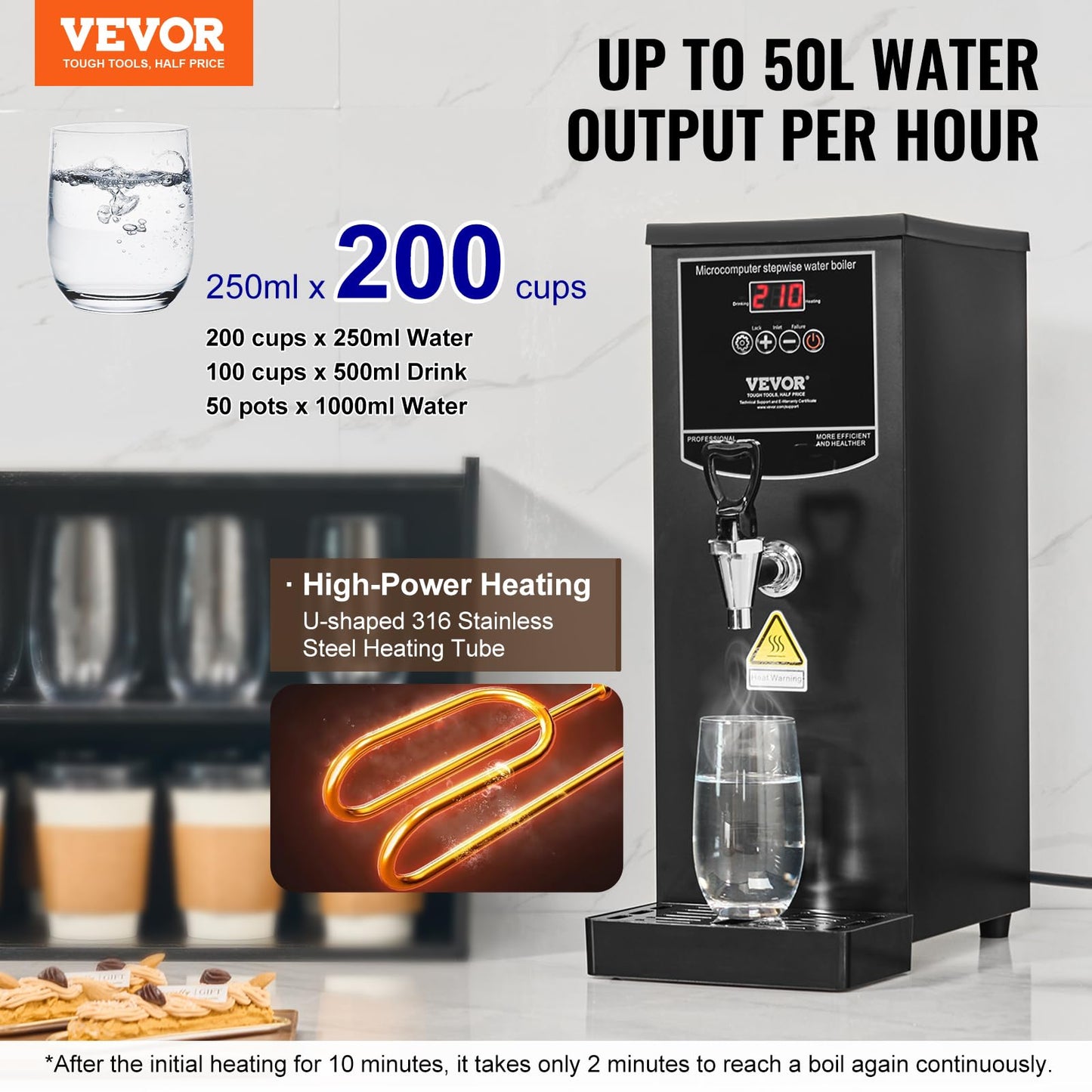 VEVOR Commercial Water Boiler, 10L Electric Hot Water Dispenser with 316 Stainless Steel Heating Tube, 1500W Step-by-step Fast Heating 50L/H Hot Water Boiler, for Coffee Tea Restaurant Office