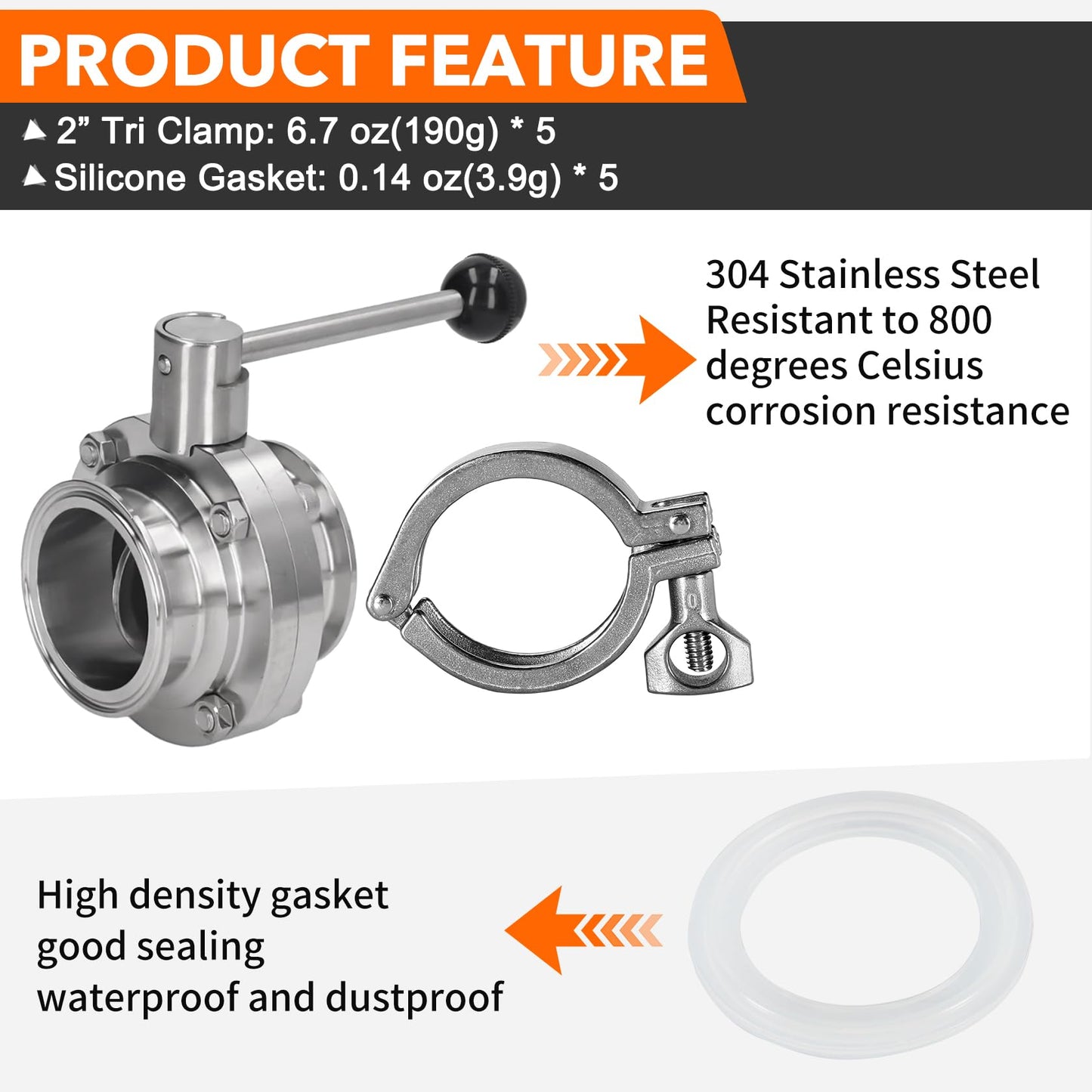 Pindex 5 Pack 2 Inch 190g Heavy Duty Tri Clamp with Silicone Gasket 304 Stainless Steel Sanitary TC Fittings