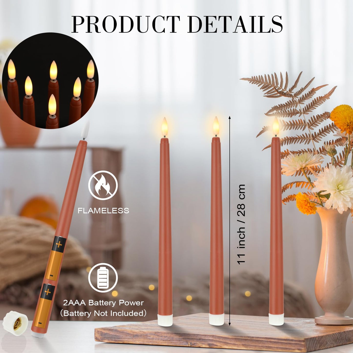 Macarrie 24 Packs Flameless Taper Candles Battery Operated Fake 11 Inch Long Candlelight LED Flameless Candlesticks Flickering Tapered for Spring Summer Wedding(Brown)