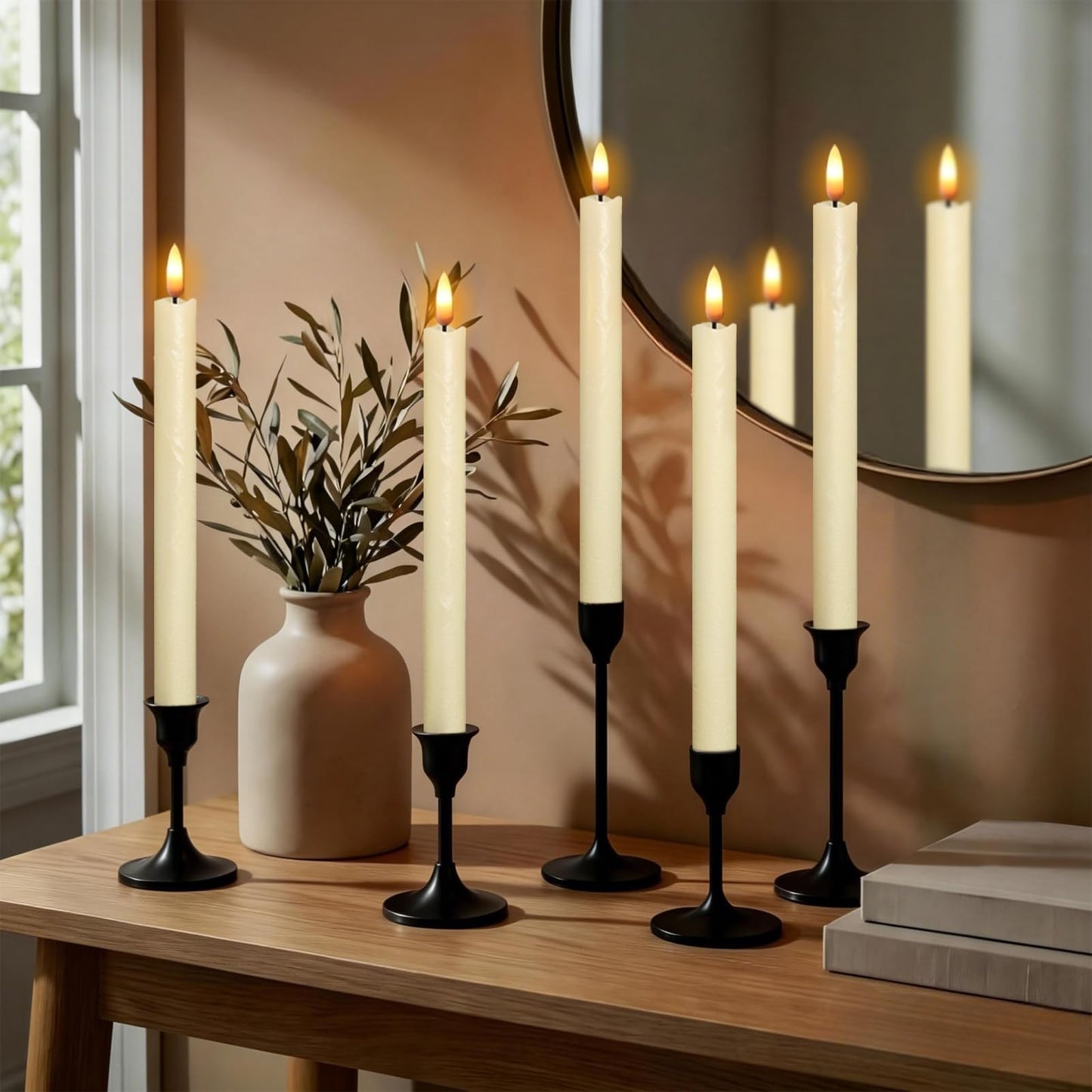 Wondise Ivory Flameless Taper Candles with Timer, 6 Pack Battery Operated LED Flickering 3D Flame Real Wax Candle, Halloween Christmas Thanksgiving Fireplace Decorations