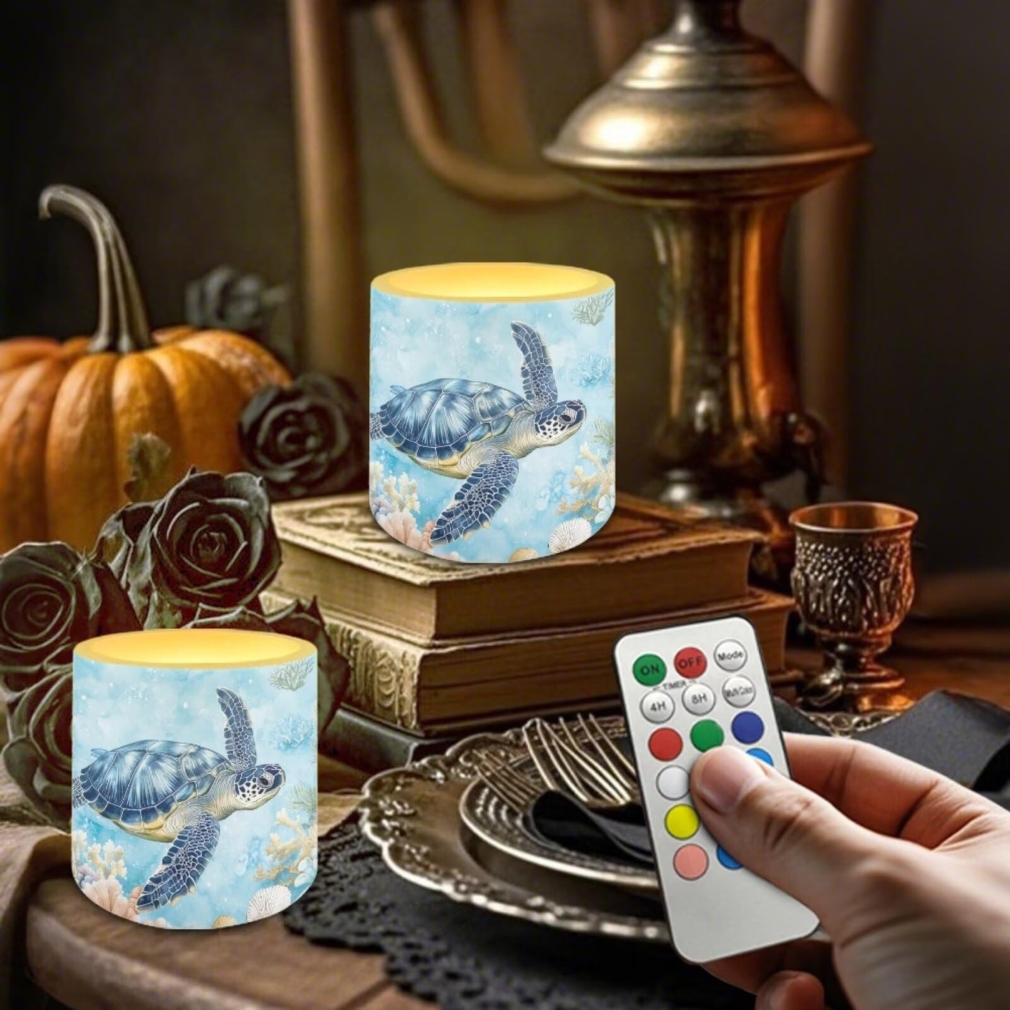 Merkmak Set of 4 Flameless Candles Sea Turtle Battery Operated LED Candles with Timer Remote Control Tea Lights for Home Decorations