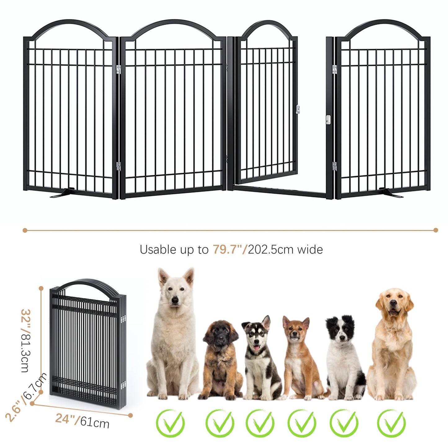 BHG Metal No-Assembly Freestanding Dog Gate with Door Walk Through, Extra Wide 96", Extra Tall 32" Pet Gate, Accordion Puppy Folding Playpen Dog Fence, with 2PCS Support (Black, 4 Panels)