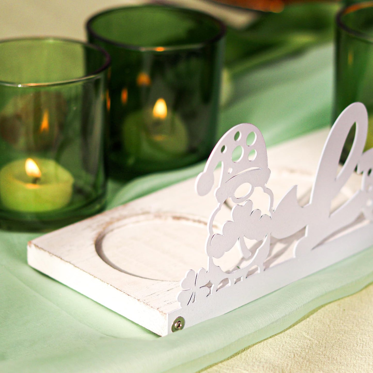 SYFURNIX St Patricks Votive Candle Holder Set, Includes 4 Glass Tealight Holders & 1 Wooden Candle Tray, Green & White St. Patrick's Day Decorations for Table, Office & Indoor Decor