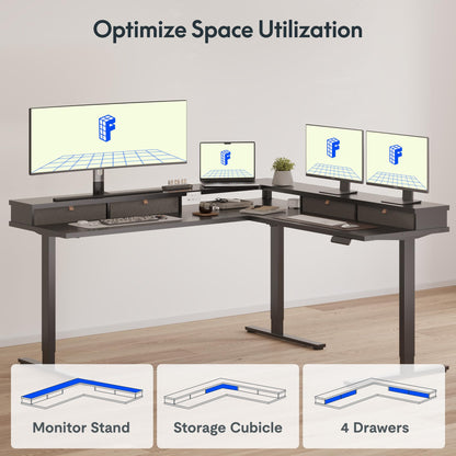 FLEXISPOT 63" L Shaped Standing Desk Electric Corner Table with Monitor Shelf, 4 Storage Drawers, Adjustable Computer Workstation for Home, Office, Game, Studio, Black Top + Black Frame