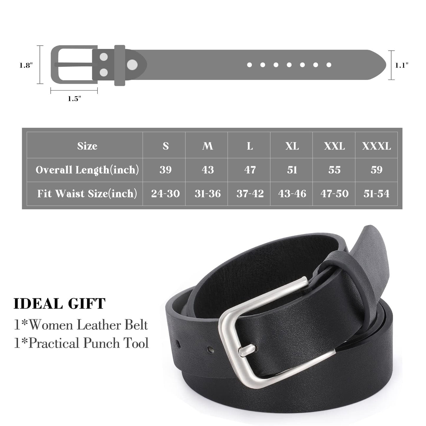 WHIPPY Women Casual Leather Belt for Jeans Pants, Fashion Ladies Waist Dress Belt (Fit Waist Size 37-42 Inches,Black)