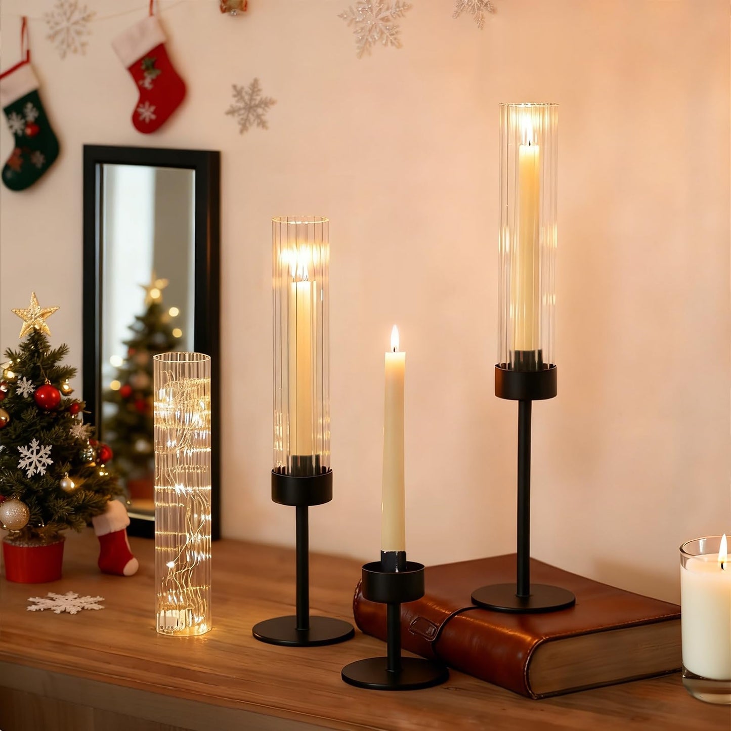 Metal & Acrylic Taper Candle Holders Set of 3 with Ribbed Design - Hurricane Clear Cylinder Candelabra for Wedding, Christmas, Party, Dining Table Centerpiece Decor (Black, Set of 3)