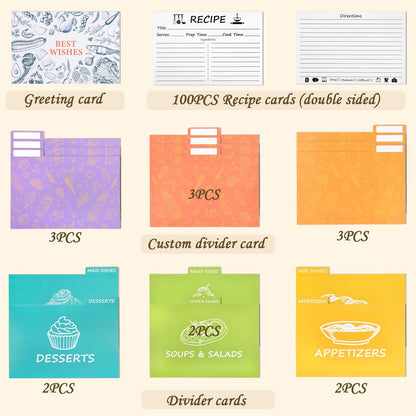 Icepark Acacia Wood Recipe Box (4x6), Custom Design Recipe Cards, 15 Multi-Color Labeled Dividers, 100 Waterproof Protectors, Magnetic Lid, Kitchen Recipe Organizer