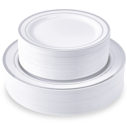 JollyPack 100 Piece Disposable Silver Plastic Party Plates, Including 50 10 Inch Dinner Plates and 50 7 Inch for Dessert, Great for Parties, Weddings, Home Use, and Christmas