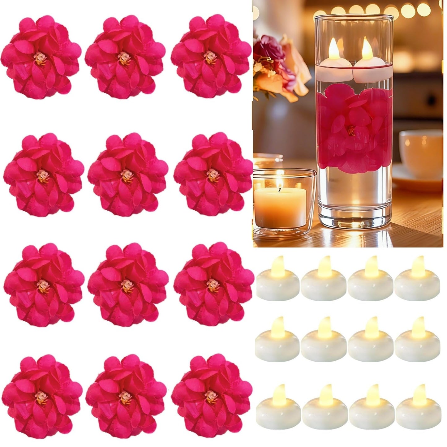 Qazcnd 24 Pack Flameless Led Floating Candles and Floating Artificial Flower Battery Operated Waterproof Tea Lights for Cylinder Vases Centerpieces at Wedding, Party, Pool Decor Rosered
