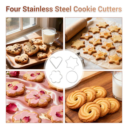 Adjustable Rolling Pin with Thickness Rings, Wooden Dough Roller & 12 Stainless Steel Cookie Cutters Set – 5-in-1 Baking Kit for Pizza, Fondant, Pie, Cookies, Pastry, 17" Non-Stick Wood