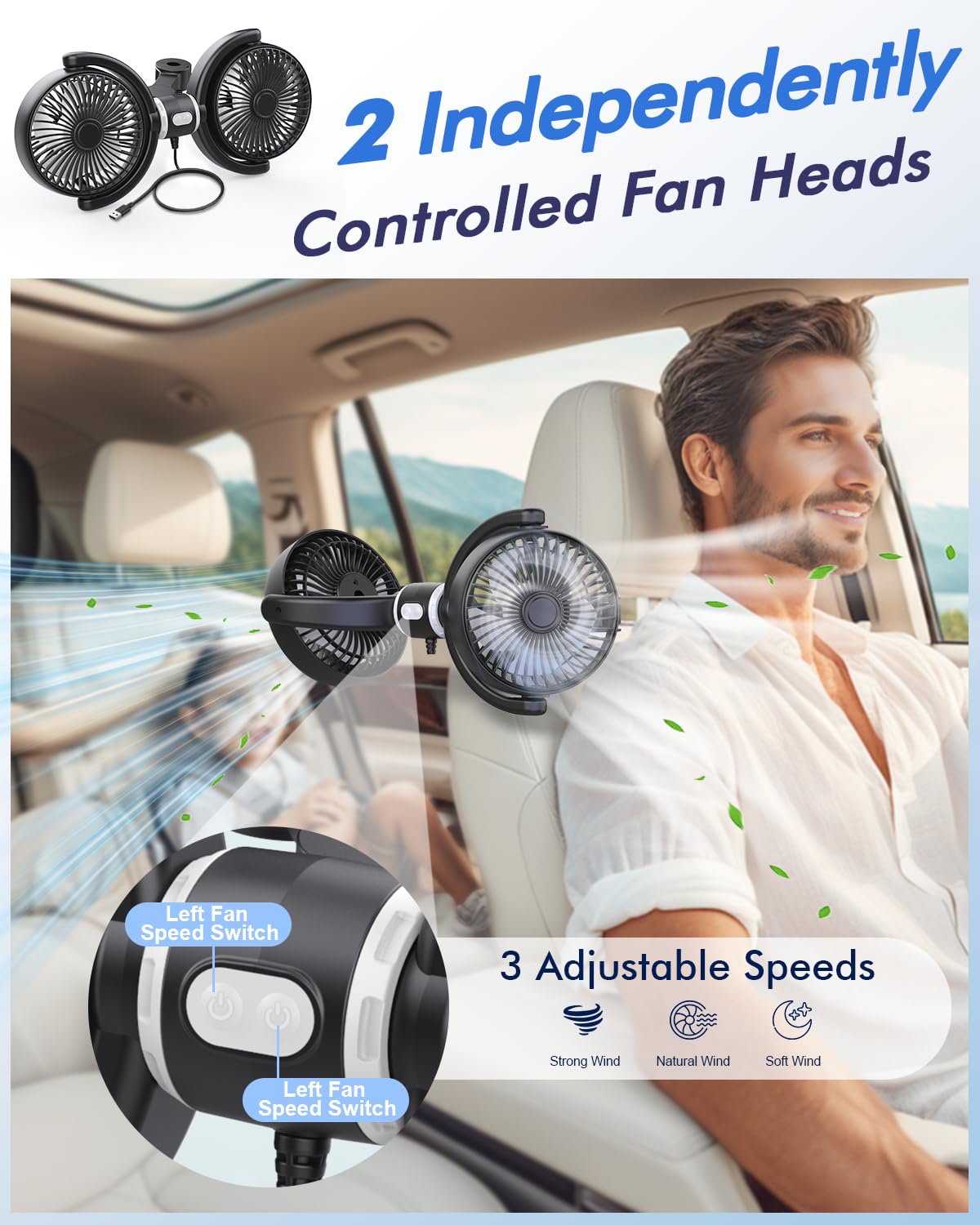 Car Fan USB Powered for Baby: Dual Car Cooling Fans for Backseat 3 Speed Separate Controlled Quiet Brushless Motor 360° Rotatable 5V 2A Rear Seat Air Circulation for Vehicle Van Truck SUV RV(USB Plug)