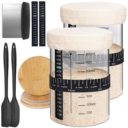 Kmise 2 Pack Pro Sourdough Starter Jar, 34 Oz Large Capacity DIY Glass Sourdough Starter Jar Kit With Thermometer, Date Marked Feeding Band, Cloth Cover, Spatula and Cutter - Reusable baking supplies