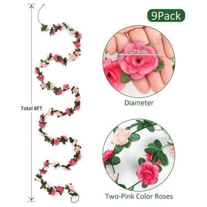 KHOYIME 9 Pack 72 FT Artificial Flower Garland, Fake Pink Roses Vines Silk Flowers Faux Plastic Outdoor Hanging Floral Ivy Garland Decorations for Wedding Arch Bedroom Home Wall Backdrop Room Decor