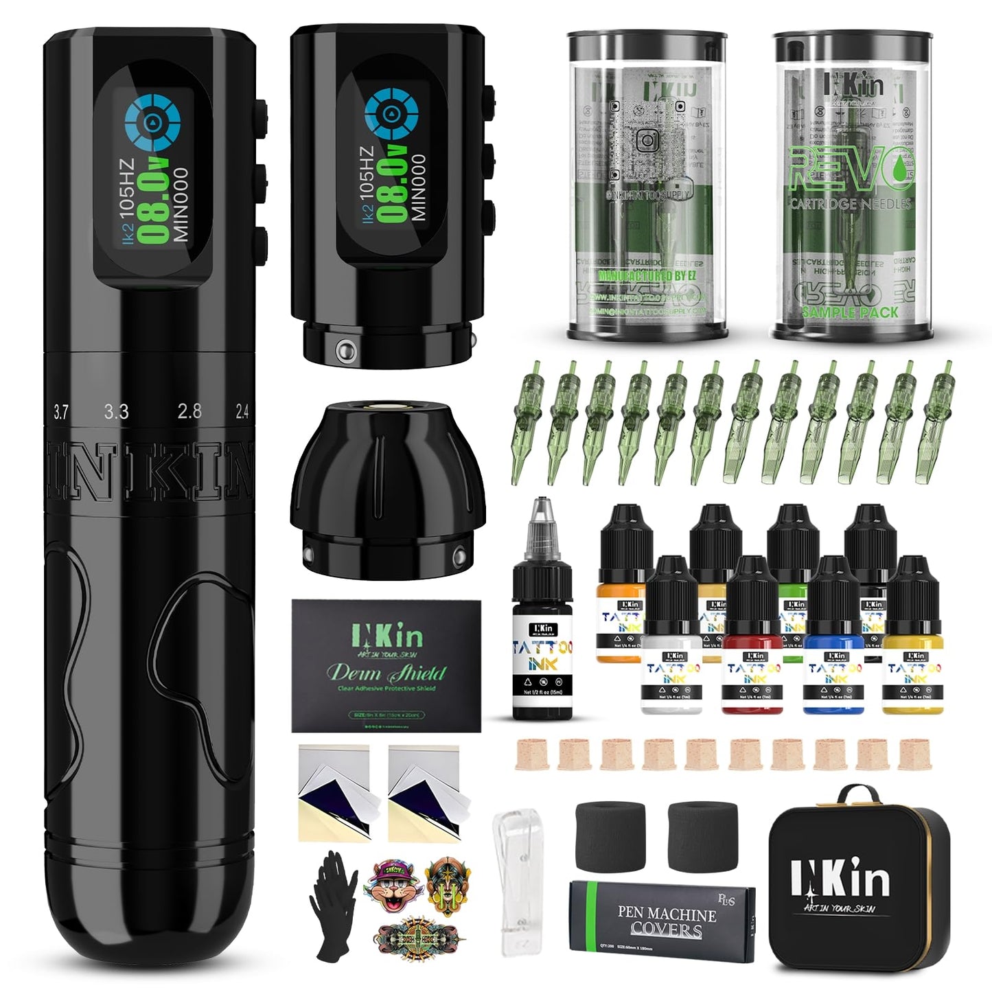 INKin Tattoo Gun Kit, Inkflexo Wireless Tattoo Machine with 2.0mm - 4.2mm Adjustable Stroke Length, Tattoo Machine Kit with 2Pcs Batteries 1600mah Power Supply and Revo Cartridge Needles Assorted