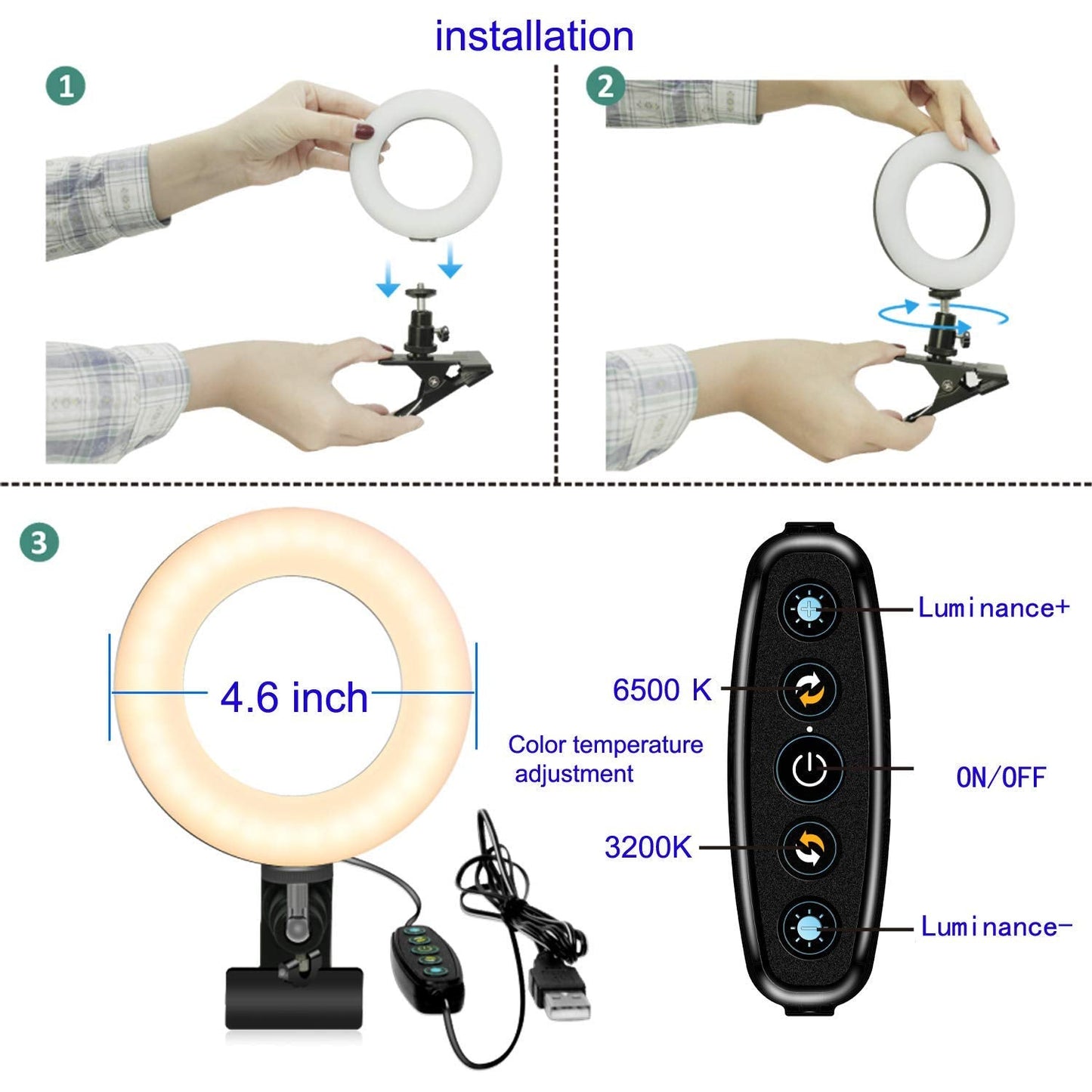 Ring Light Video Conference Lighting Kit 3200k-6500K Dimmable Led Clip on Computer Monitor Laptop Phone for Content Creator (YouTube/TikTok/Twitch) Makeup,Conference,Selfie,Video,Vlog (Black)