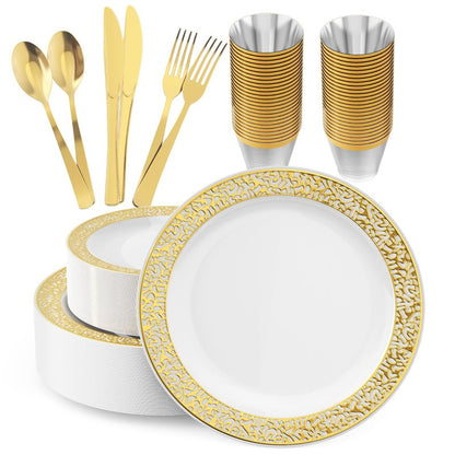 150 Count Gold Plastic Dinnerware Set, Elegant Disposable Include: 25 Gold Lace Plastic Plates, 25 Dessert Plates, 25 Forks, 25 Knives, 25 Spoons, 25 Cup, Ideal for Party, Birthday and Thanksgiving