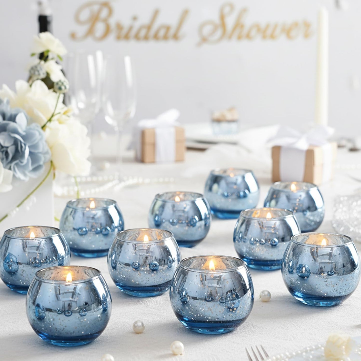 LAMORGIFT 36 Pcs Blue Votive Candle Holders - Mercury Glass Tealight Holders for Dusty Blue Wedding Decor, Centerpiece Table Decorations