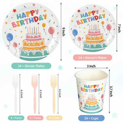 Childom Birthday Decorations,96 Pcs Birthday Plates and Cups,Happy Birthday Decorations,Disposable Plates for Birthday Party Decorations,Dinnerware Sets for Party Supplies,Tableware Set Serve 24
