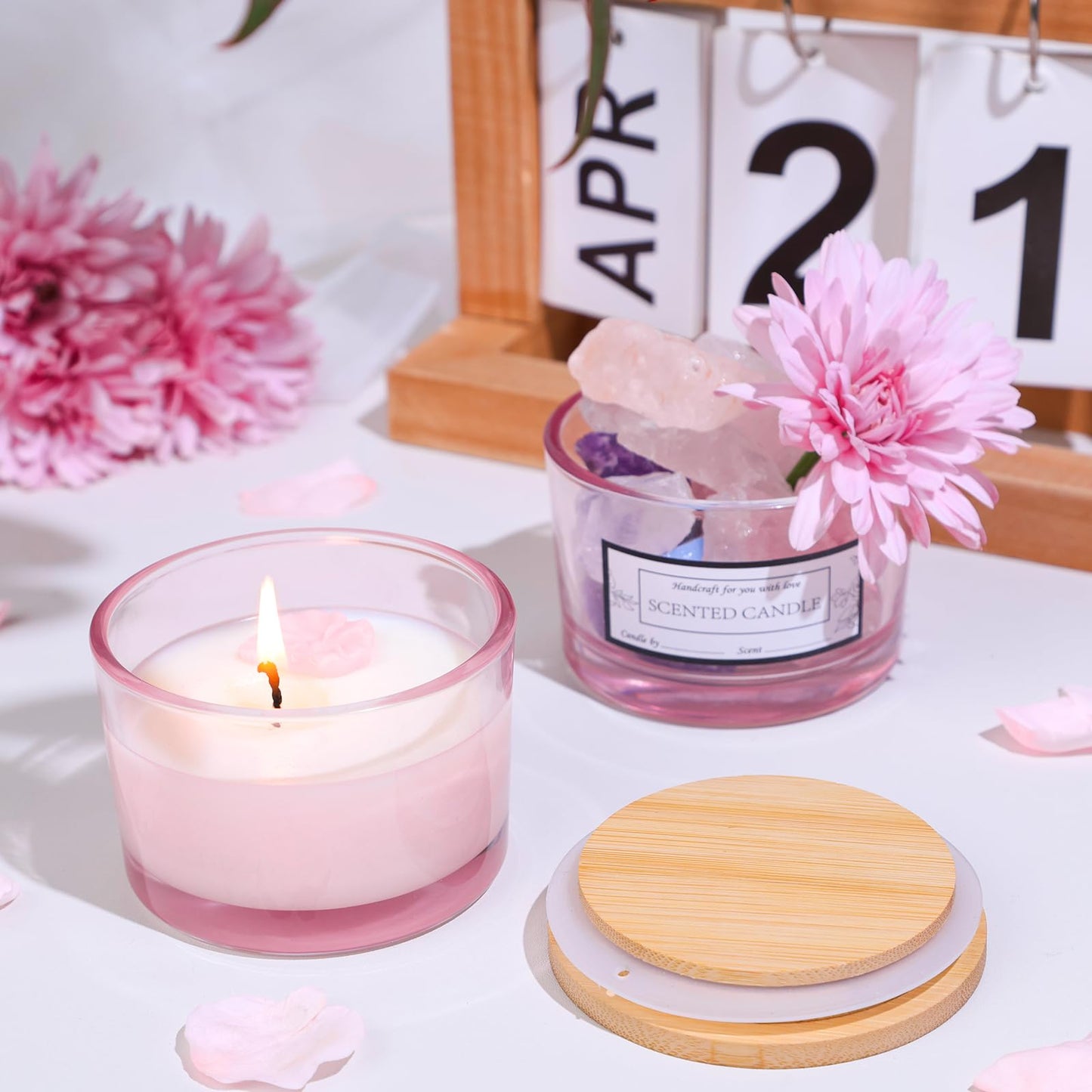 CONNOO 15 Pack 4 OZ Pink Glass Candle Jars with Airtight Bamboo Lids for Making Candles, Bulk Small Wide Mouth Empty Candle Containers with Sticky Warning Labels - Dishwasher Safe