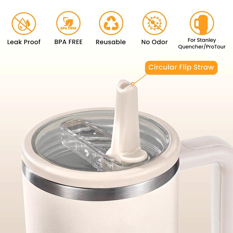 ANTAND 40oz Flip Straw Leak Proof Lid for Stanley H2.0 Quencher Protour Tumbler, 2 Pack Spill Proof Lid Replacement Straw Cover Top for 40 OZ Stanley Cup Accessories (Beige, RoseRed)