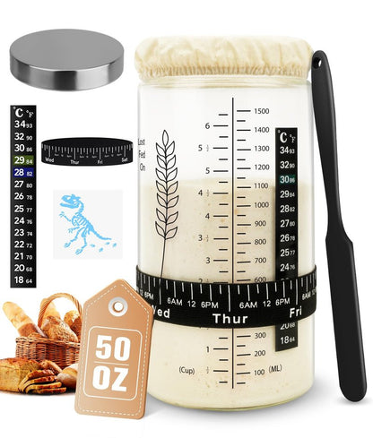 Keafont 50oz Sourdough Starter Jar Kit, Large Capacity Sourdough Jar, Wide Mouth Sourdough Bread Starter Kit for Perfect Sour Dough Bread, Sourdough Starter Kit (Black, 2 Pack)