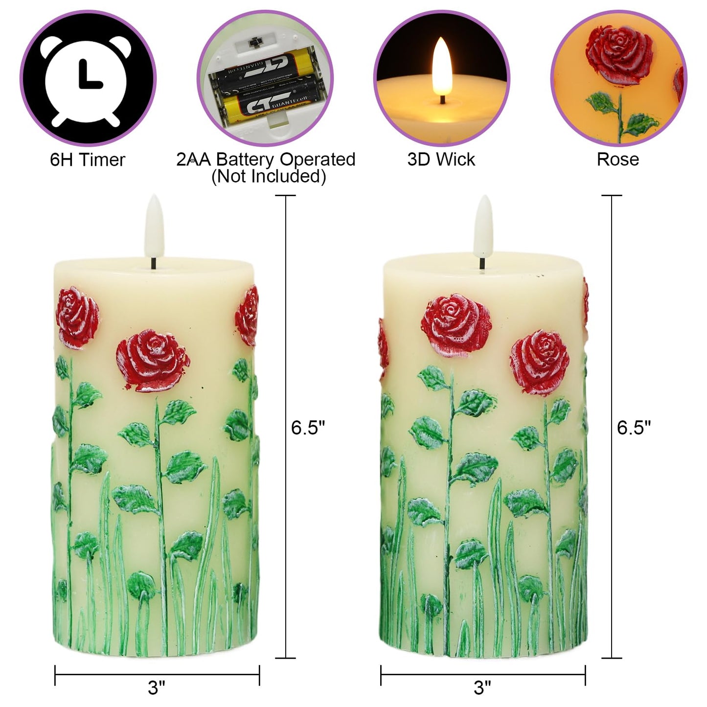 DRomance Roses Flower Flameless Candles Battery Operated with 6 Hour Timer 3D Wick Flickering LED Pillar Candles Real Wax Hand-Painted Dinner Christmas Holiday Decor(2 Pack, 3" D x 6.5" H)