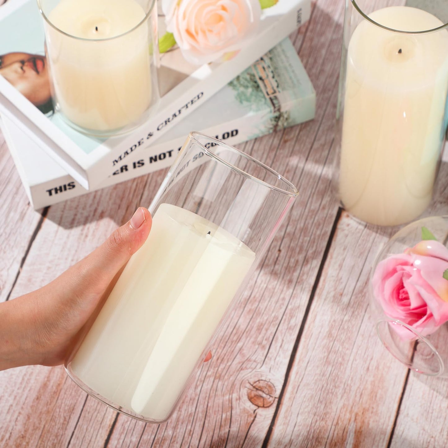 Shihanee Set of 3 Pillar Candles and 3 Glass Cylinder Candle Vases Holders Clear Pillar Jars for Wedding Centerpieces(3'' x 5.9'', 7.9'', 9.8'',Ivory White)